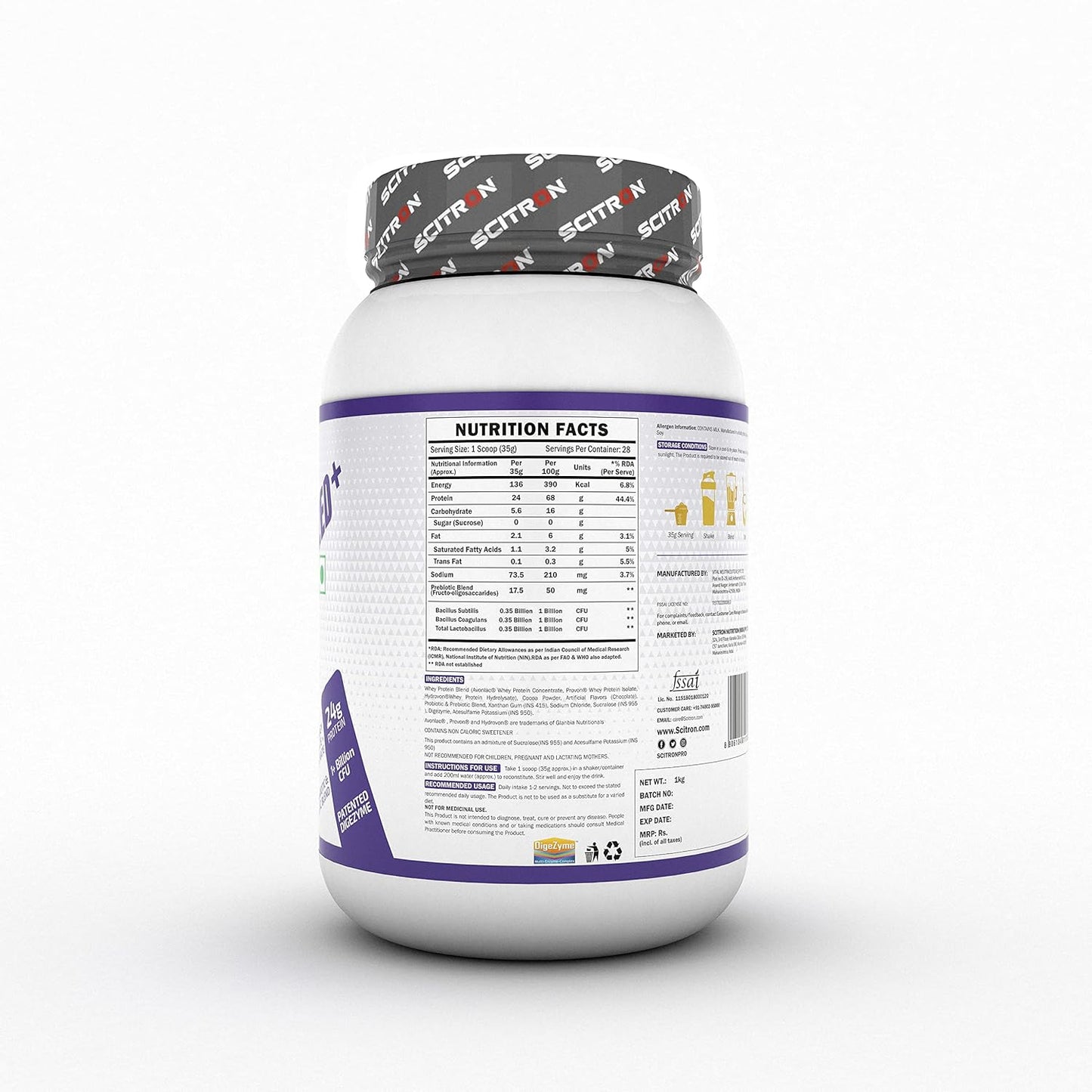 Scitron Whey Hydrolyzed Synbiotic 100% Hydrolyzed Protein Powder | 1Kg | Chocolate Flavor |24g Protein Per Serving| With 1 Billion Prebiotic & Probiotic Strains For Gut Health| Digestive Enzymes for Effective Digestion
