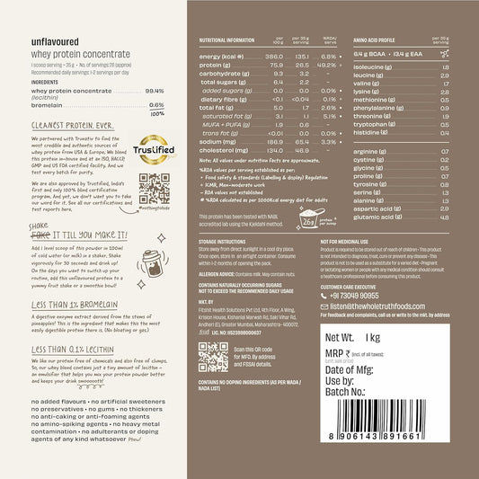 The Whole Truth Raw Whey Protein Concentrate | 26g Protein per scoop | 6.4g BCAA | No Adulteration | Clean and Light | Muscle Building | Vegetarian