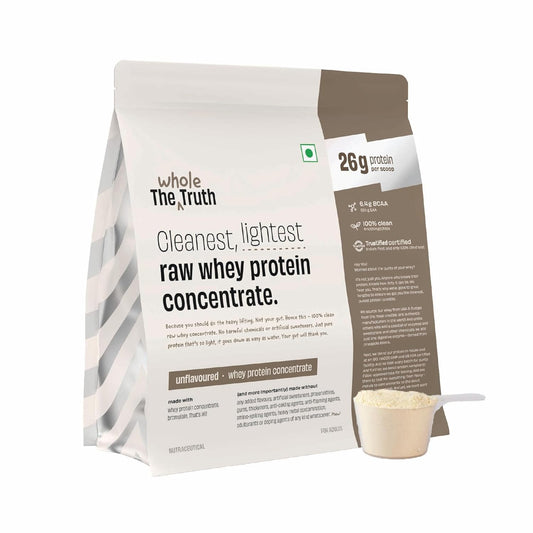 The Whole Truth Raw Whey Protein Concentrate | 26g Protein per scoop | 6.4g BCAA | No Adulteration | Clean and Light | Muscle Building | Vegetarian