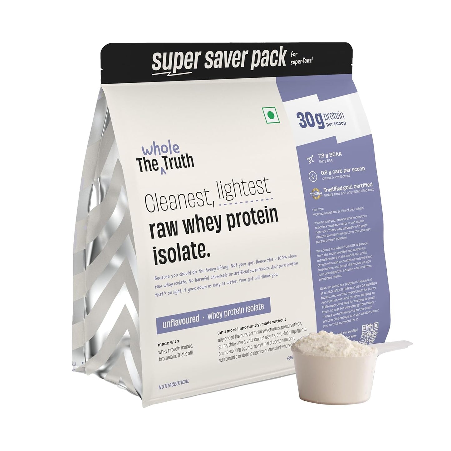 The Whole Truth Raw Whey Protein Isolate | 30g Protein per scoop | 7.3g BCAA | No Adulteration | Improved Strength| Faster Recovery & Muscle Building | Vegetarian