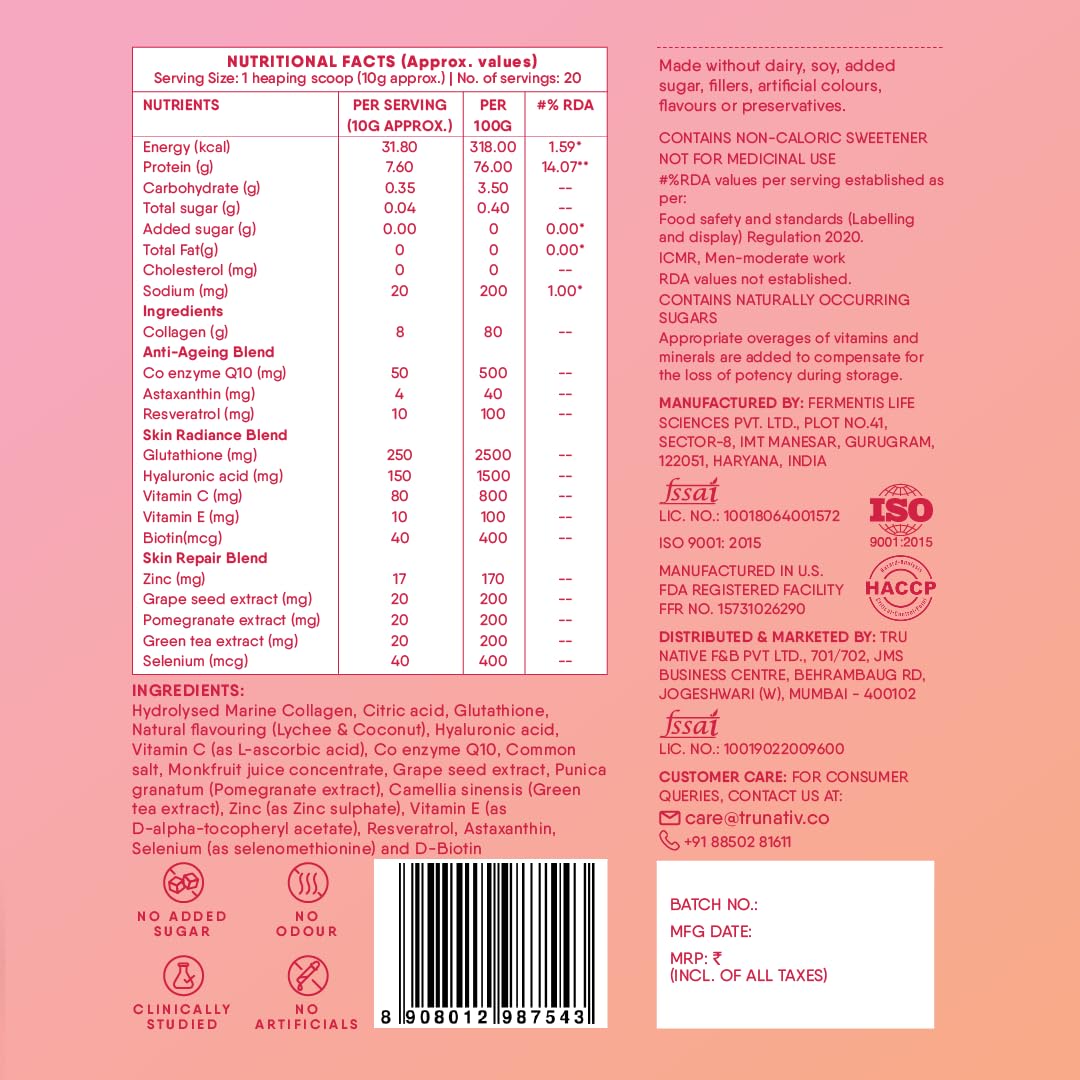 Trunativ Advanced Japanese Marine Collagen Powder |Type 1 and 3 | Supplements for Women and Men with Hyaluronic Acid | Supports Skin Glow, Hair Growth and Nail Strength | 200 Gm