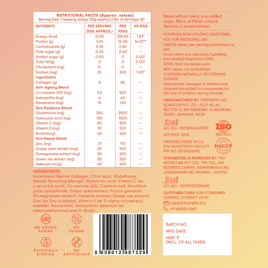Trunativ Advanced Japanese Marine Collagen Powder |Type 1 and 3 | Supplements for Women and Men with Hyaluronic Acid | Supports Skin Glow, Hair Growth and Nail Strength | 200 Gm