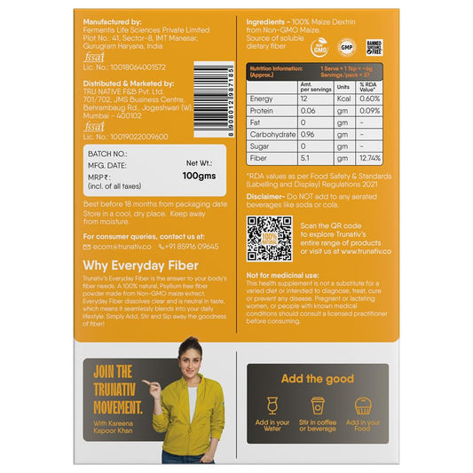 Trunativ Everyday Fiber| Bloating Relief, Gas, Constipation & Acidity Relief |Non-GMO| Control Blood Sugar Levels| Psyllium Husk Replacer & Isabgol Replacer| Gluten Free| Unflavored Powder |100g
