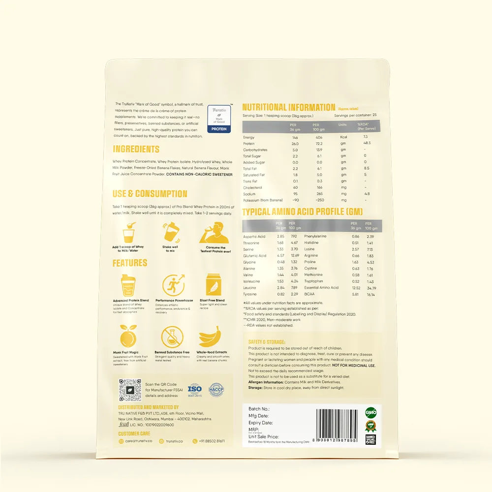 TruNativ Whey Protein Concentrate & Isolate Pro Blend | 26g Protein & 6g BCAA | Light and Clean Whey Protein Powder Blend | No Added Sugar | Higher Protein Absorption