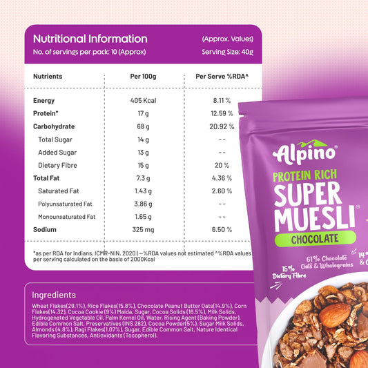 ALPINO Protein-Rich Super Muesli Chocolate | 61% Whole Grains| 14% Nuts & Cookies | 17% Protein| Source of Dietary Fibre & Healthy Fats