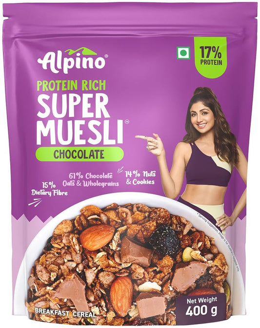 ALPINO Protein-Rich Super Muesli Chocolate | 61% Whole Grains| 14% Nuts & Cookies | 17% Protein| Source of Dietary Fibre & Healthy Fats