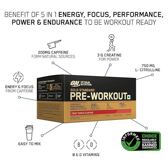 OPTIMUM NUTRITION (On) Gold Standard Pre-Workout- 142.5G/15 Single Serve Packs Stick | For Energy | Focus | Power | Endurance & Performance