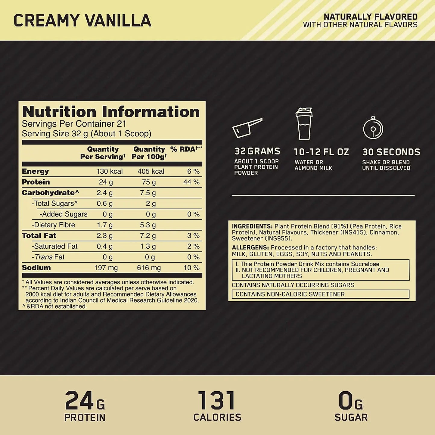 Optimum Nutrition (ON) Gold Standard 100% Plant Protein - 21 Serve | 684 g | Vegan | Complete Amino Acid Profile | Zero Added Sugars | Gluten-Free