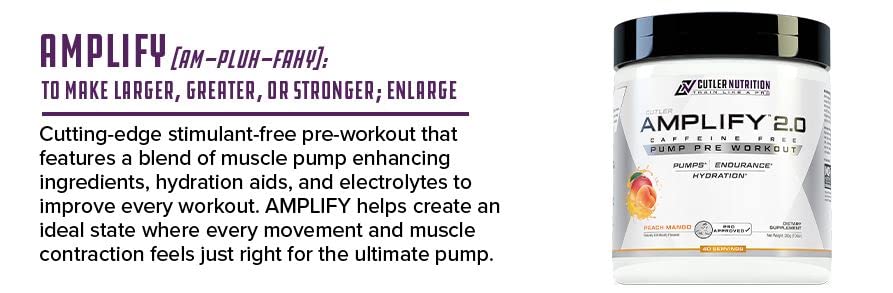 Cutler Nutrition Amplify - Caffeine Free Pre Workout for Men and Women | Stimulant Free| Arginine | Coconut Water and L-Citrulline | 40 servings | 280g