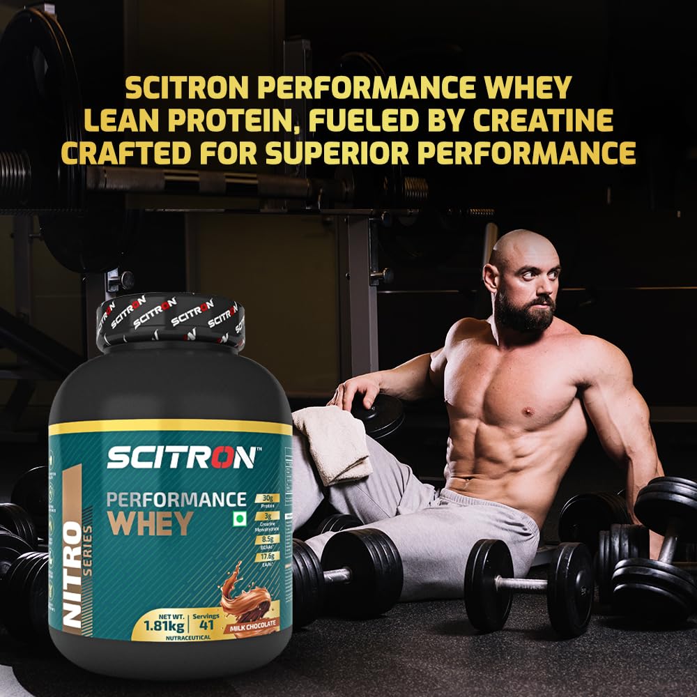 Scitron Performance Whey Protein Powder 1.81Kg | Milk Chocolate | 30g Protein |3g Creatine Monohydrate| 8.5g BCAAs and 17.6g EAAs| For Enhanced Immunity and Performance