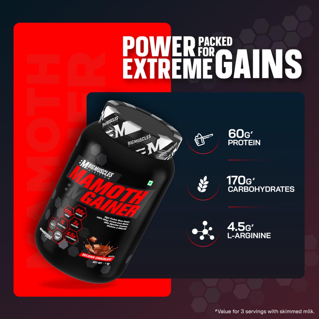 Bigmuscles Nutrition Mamoth Gainer Powder | High Protein Muscle Mass & Weight Gainer | With Vitamins & Minerals, Creatine & Digestive Enzymes