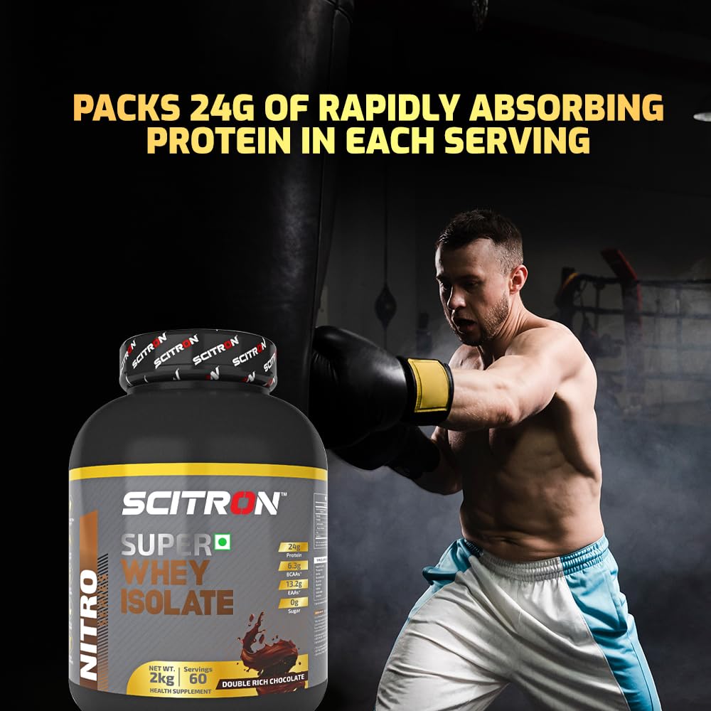 Scitron Super Whey Isolate Protein Powder 2Kg | Double Rich Chocolate |25g Protein| 5.85g BCAAs| 12.52g EAAs | Maximize your muscle-building potential and boost muscle recovery