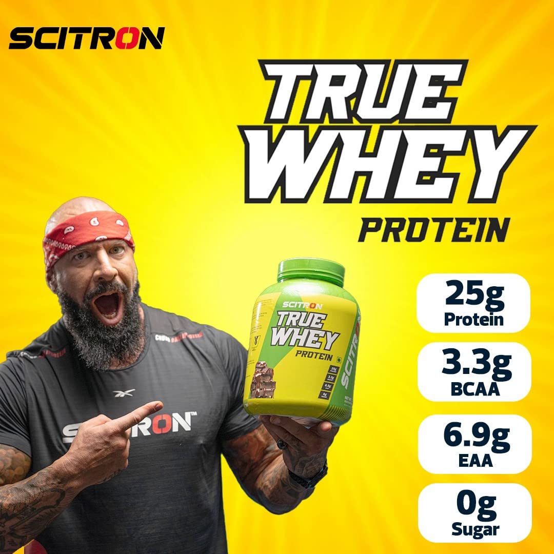 Scitron True Whey Protein 25g Protein| 3.3g BCAAs & 6.9g EAA | Stimulate Muscles Growth | Enhance Recovery | 100% Muscle Building Whey Protein| Post Workout| BCAA Amino Profile | Whey Protein Bodybuiding Supplement | 2 Kg