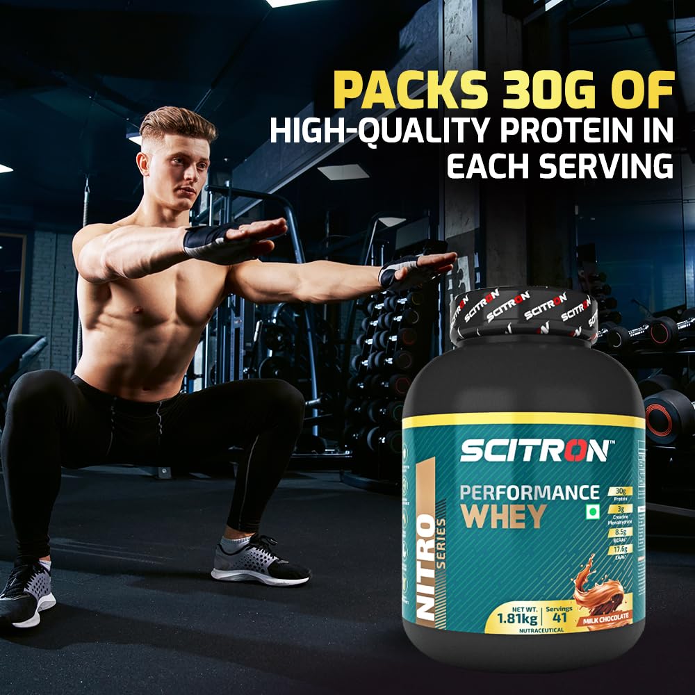 Scitron Performance Whey Protein Powder 1.81Kg | Milk Chocolate | 30g Protein |3g Creatine Monohydrate| 8.5g BCAAs and 17.6g EAAs| For Enhanced Immunity and Performance
