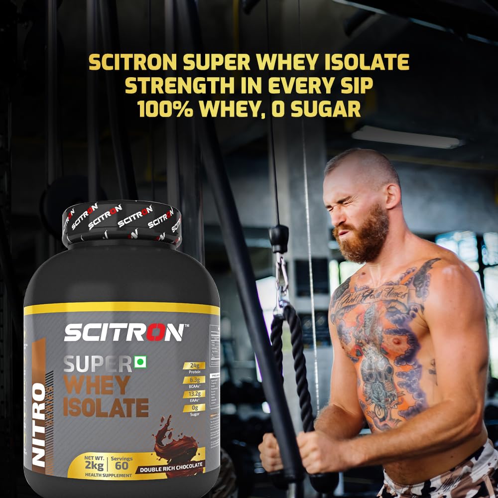 Scitron Super Whey Isolate Protein Powder 2Kg | Double Rich Chocolate |25g Protein| 5.85g BCAAs| 12.52g EAAs | Maximize your muscle-building potential and boost muscle recovery