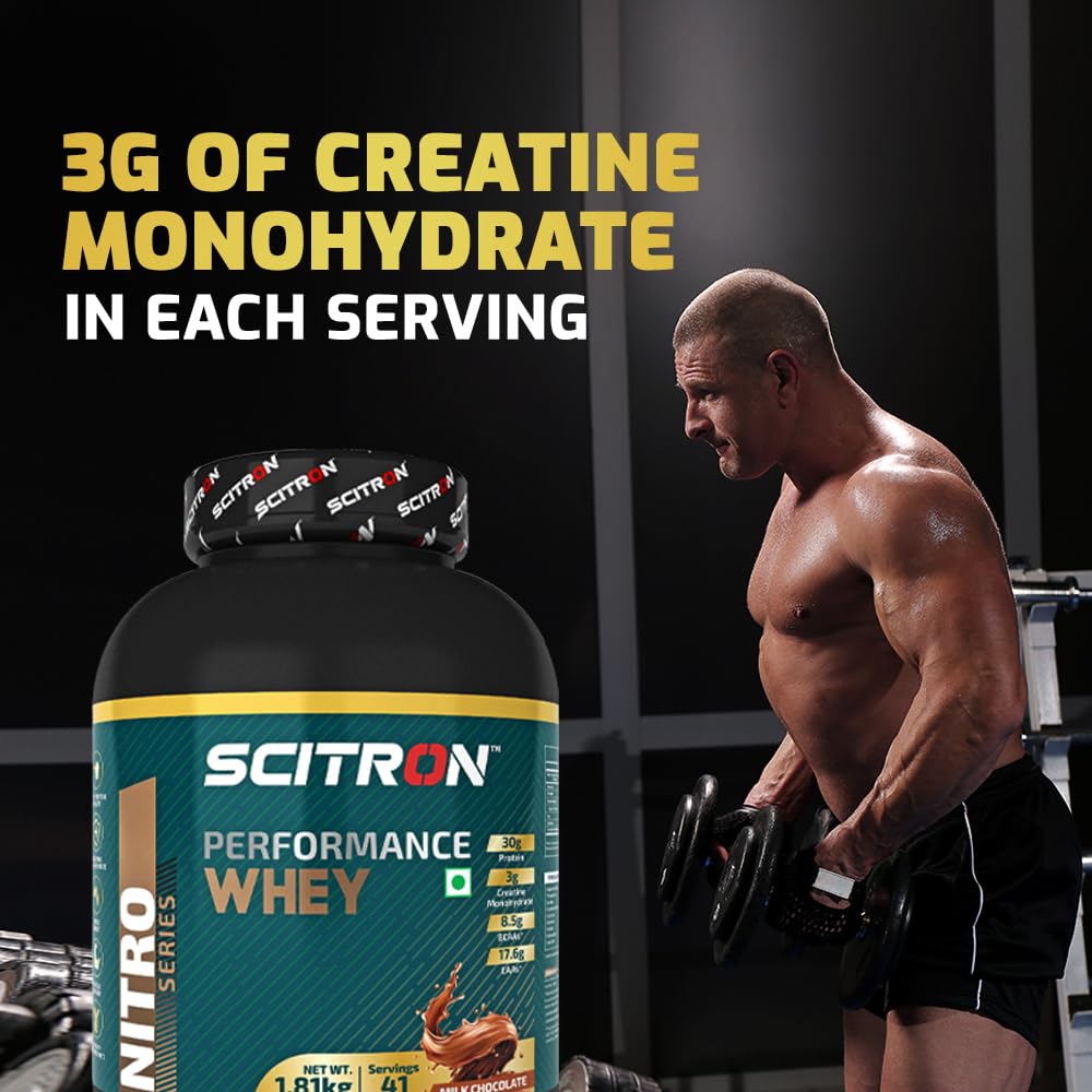 Scitron Performance Whey Protein Powder 1.81Kg | Milk Chocolate | 30g Protein |3g Creatine Monohydrate| 8.5g BCAAs and 17.6g EAAs| For Enhanced Immunity and Performance