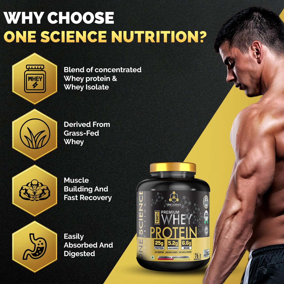 One Science Nutrition (OSN) Premium Whey Protein [Grass Fed Whey] | 25g Protein | 6.6g BCAA | 5.2 gms L-Glutamine | Refuels & Repairs Muscles