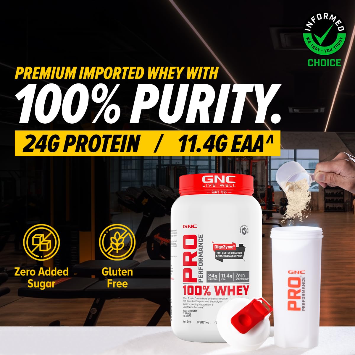 GNC Pro Performance 100% Whey Protein | Muscle Growth | Muscle Recovery | DigeZyme® For Easy Digestion | Informed Choice Certified | 24g Protein | 5.5g BCAA