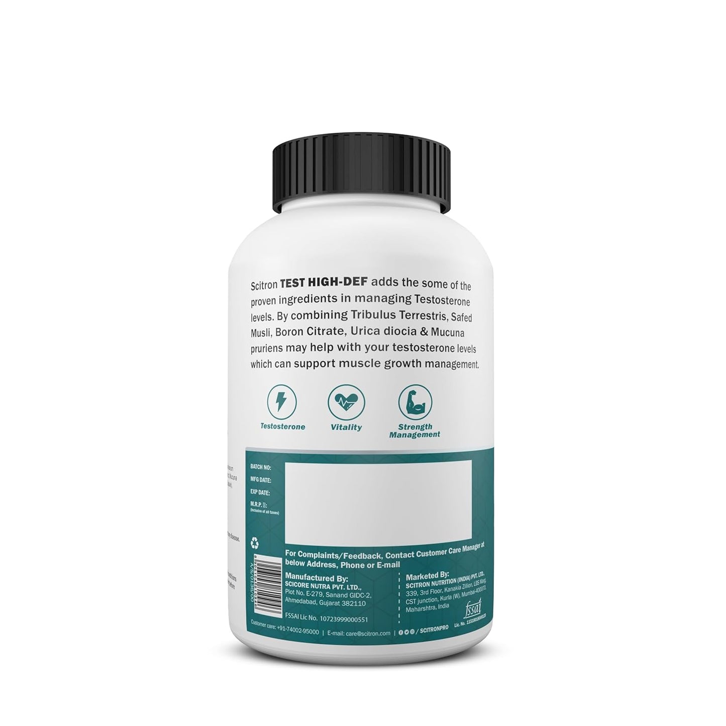 SCITRON TEST HIGH-DEF- 90N Capsules | Testosterone Booster Supplement For Men With Tribulus, Safed Musli, Boron Citrate, Urica Diocia & Mucuna Pruriens | Manage testosterone levels | Supports muscle growth management