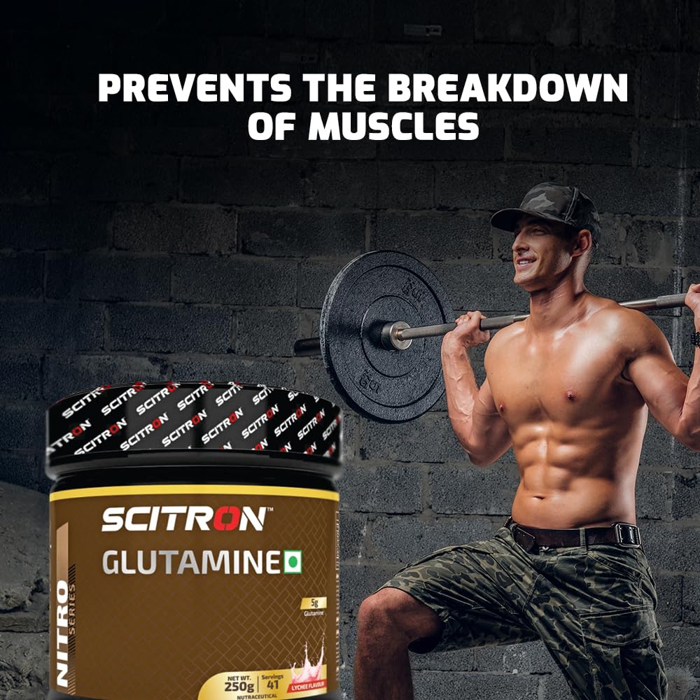 Scitron Nitro Series Glutamine 250g | Lychee Flavour | 5g Glutamine per Serving | Recovery & Muscle Support