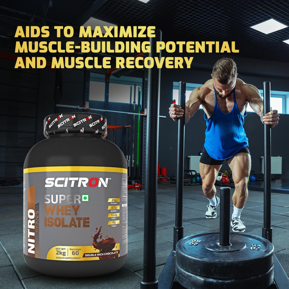 Scitron Super Whey Isolate Protein Powder 2Kg | Double Rich Chocolate |25g Protein| 5.85g BCAAs| 12.52g EAAs | Maximize your muscle-building potential and boost muscle recovery