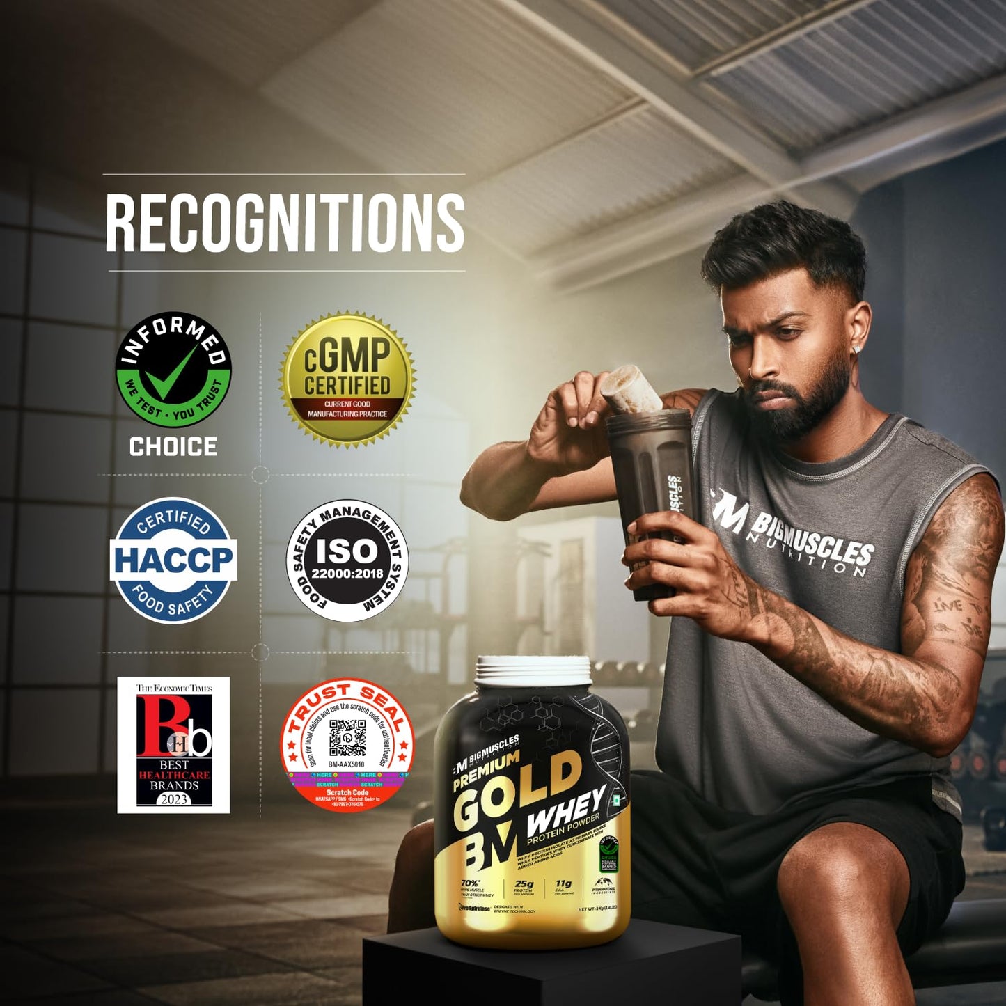 Bigmuscles Nutrition Premium Gold Whey | Informed Choice UK Certified | Isolate Whey Protein Blend | 25g Protein | 11g EAA | ProHydrolase Enzyme Technology