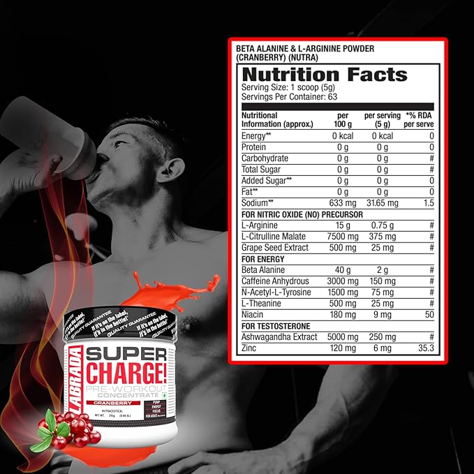 Labrada Super Charge Pre-Workout Concentrate | Green Apple (30 Servings | 0.75g L-Arginine | 375mg L-Citrulline Malate | 2g Beta Alanine | 150mg Caffeine Anhydrous | 250mg Ashwagandha Extract)