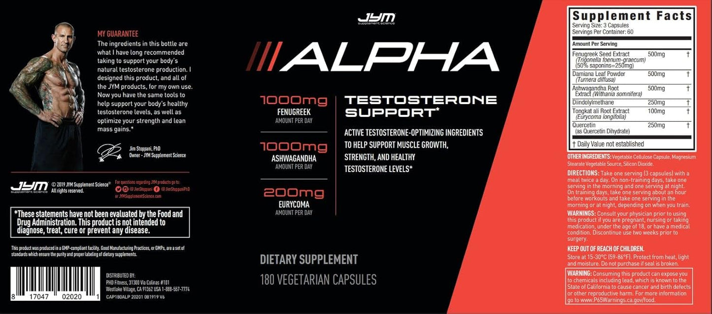 Alpha JYM Testosterone Support | Male Vitality| Hormone Optimization| Ashwagandha| Fenugreek| Eurycoma| Damiana| Quercetin|