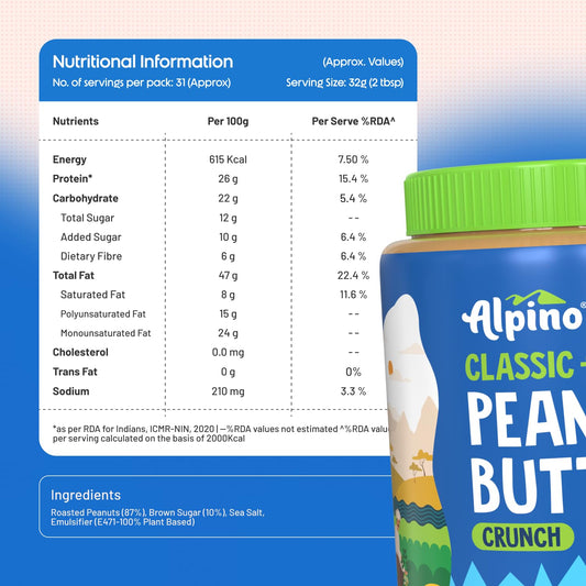 Alpino Classic Peanut Butter | 90% Roasted Peanuts | High Protein Peanut Butter Crunchy | Gluten-Free