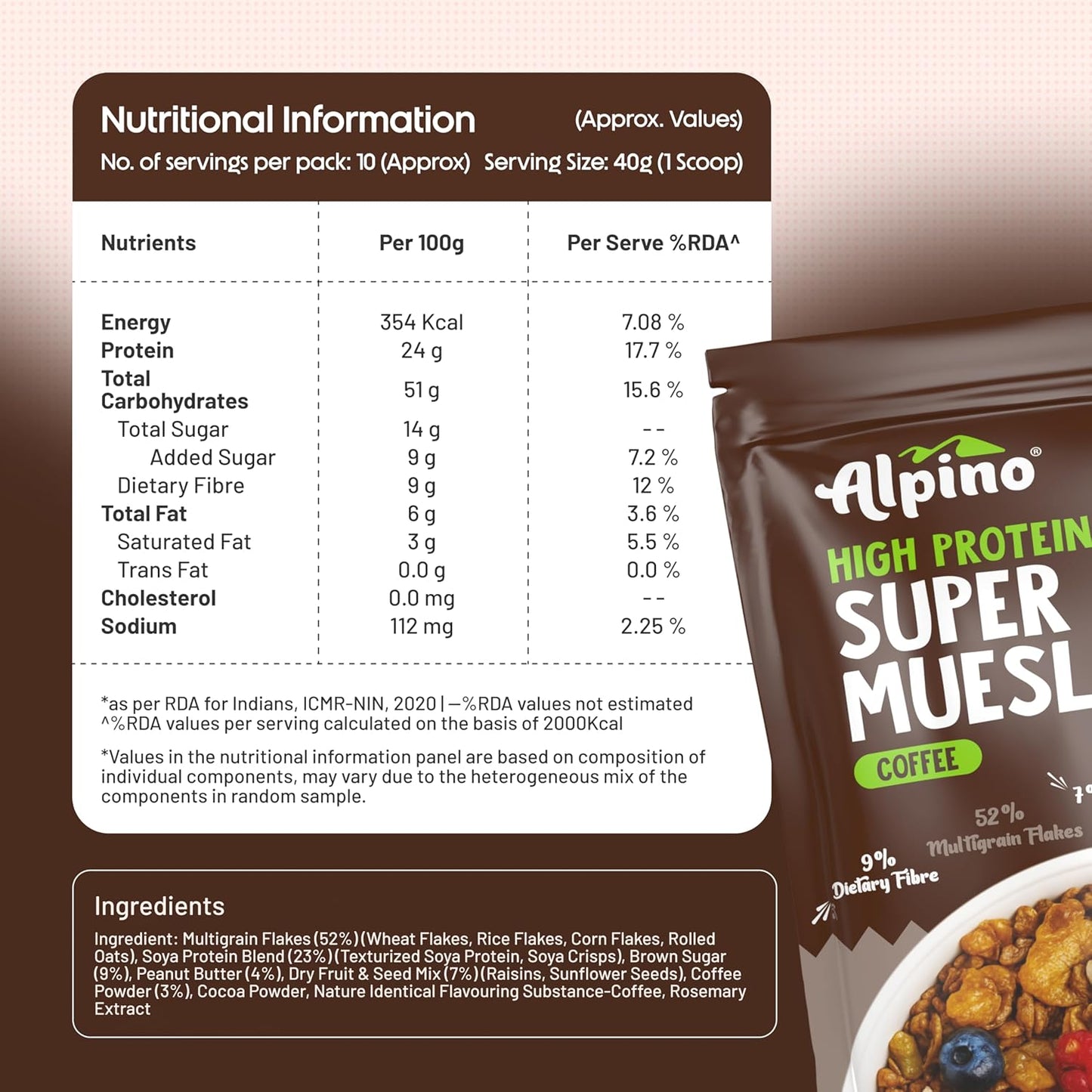 ALPINO High Protein Super Muesli | Multigrain Flakes & Rolled Oats| Soya Protein| Nuts & Seeds| Coffee Extract | 24% Protein| Source of Dietary Fibre & Healthy Fats