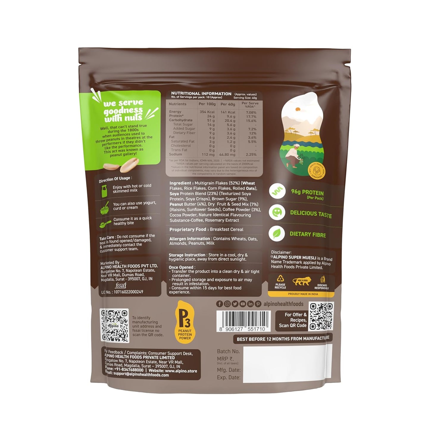 ALPINO High Protein Super Muesli | Multigrain Flakes & Rolled Oats| Soya Protein| Nuts & Seeds| Coffee Extract | 24% Protein| Source of Dietary Fibre & Healthy Fats