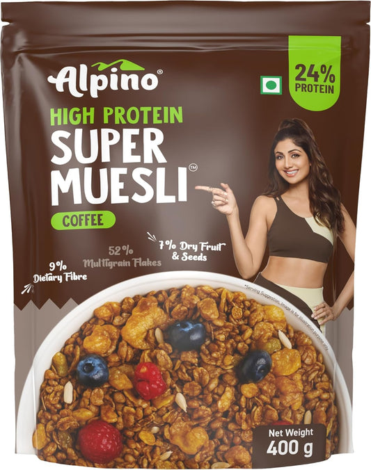 ALPINO High Protein Super Muesli | Multigrain Flakes & Rolled Oats| Soya Protein| Nuts & Seeds| Coffee Extract | 24% Protein| Source of Dietary Fibre & Healthy Fats