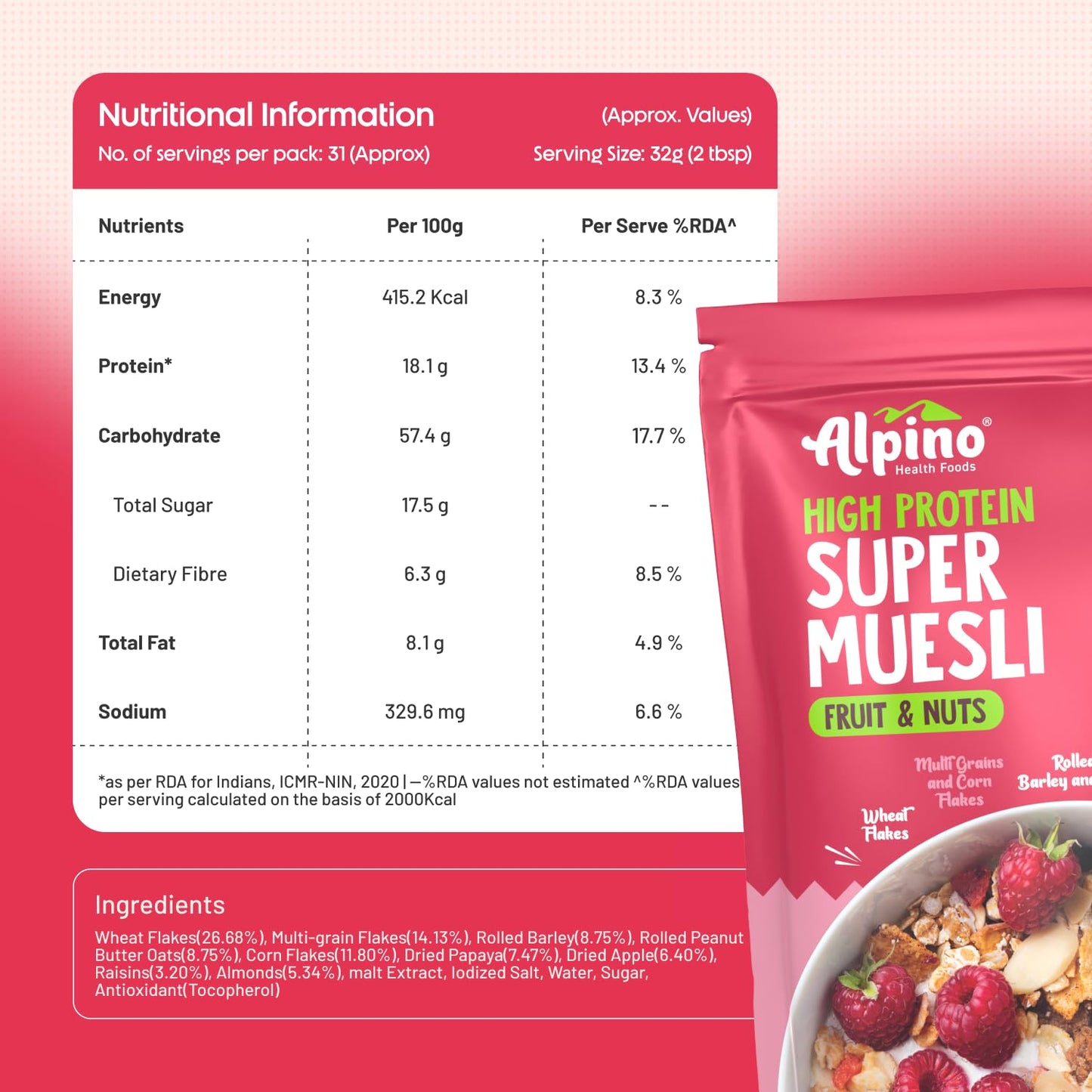 ALPINO Protein-Rich Super Muesli Fruit & Nuts | 63% Whole Grains| 15% Fruits & Nuts |16% Protein| Source of Dietary Fibre & Healthy Fats