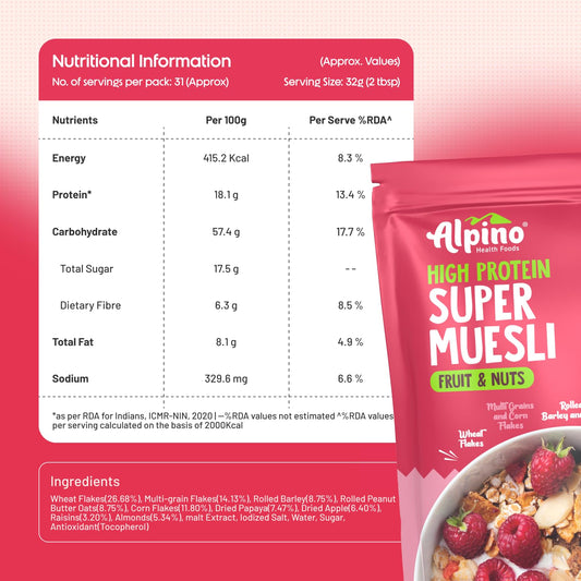 ALPINO Protein-Rich Super Muesli Fruit & Nuts | 63% Whole Grains| 15% Fruits & Nuts |16% Protein| Source of Dietary Fibre & Healthy Fats