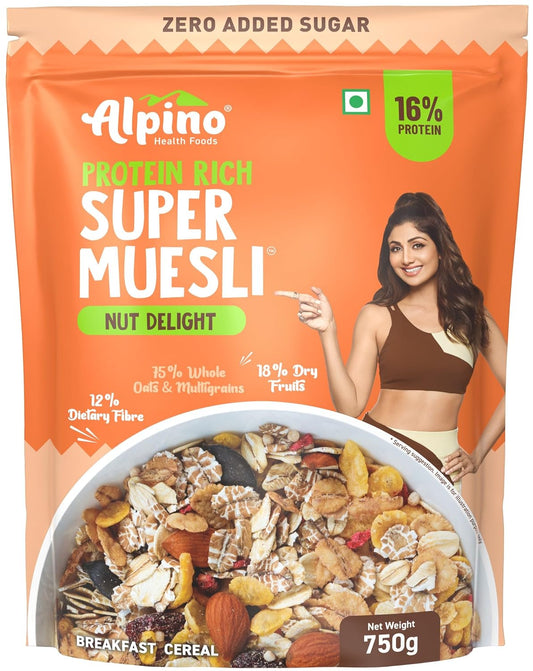 ALPINO 16g Protein-Rich Super Muesli Nut Delight |0 Added Sugar| 75% Whole Grains| 18% Fruits & Nuts | Source of Dietary Fibre & Healthy Fats.