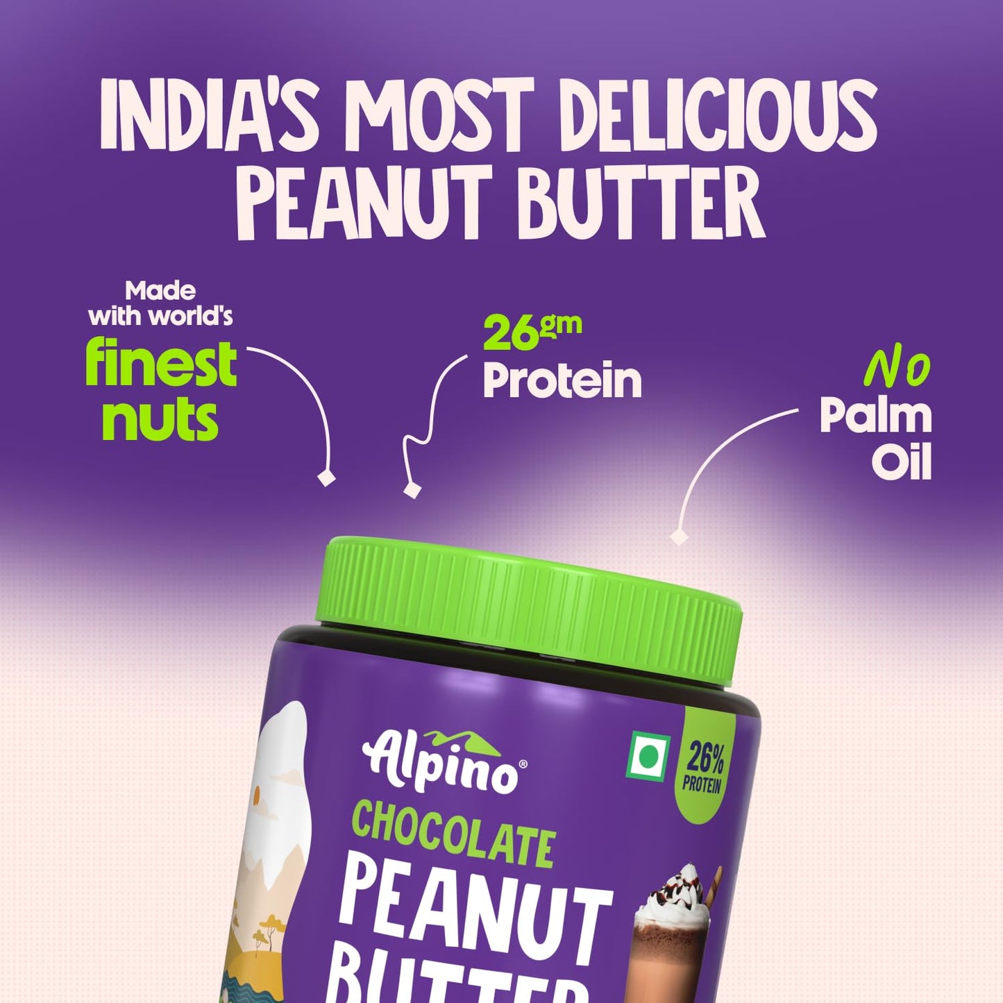 ALPINO Chocolate Peanut Butter| Roasted Peanuts| Chocolate Paste & Brown Sugar |26% Protein |Source of Healthy Fats