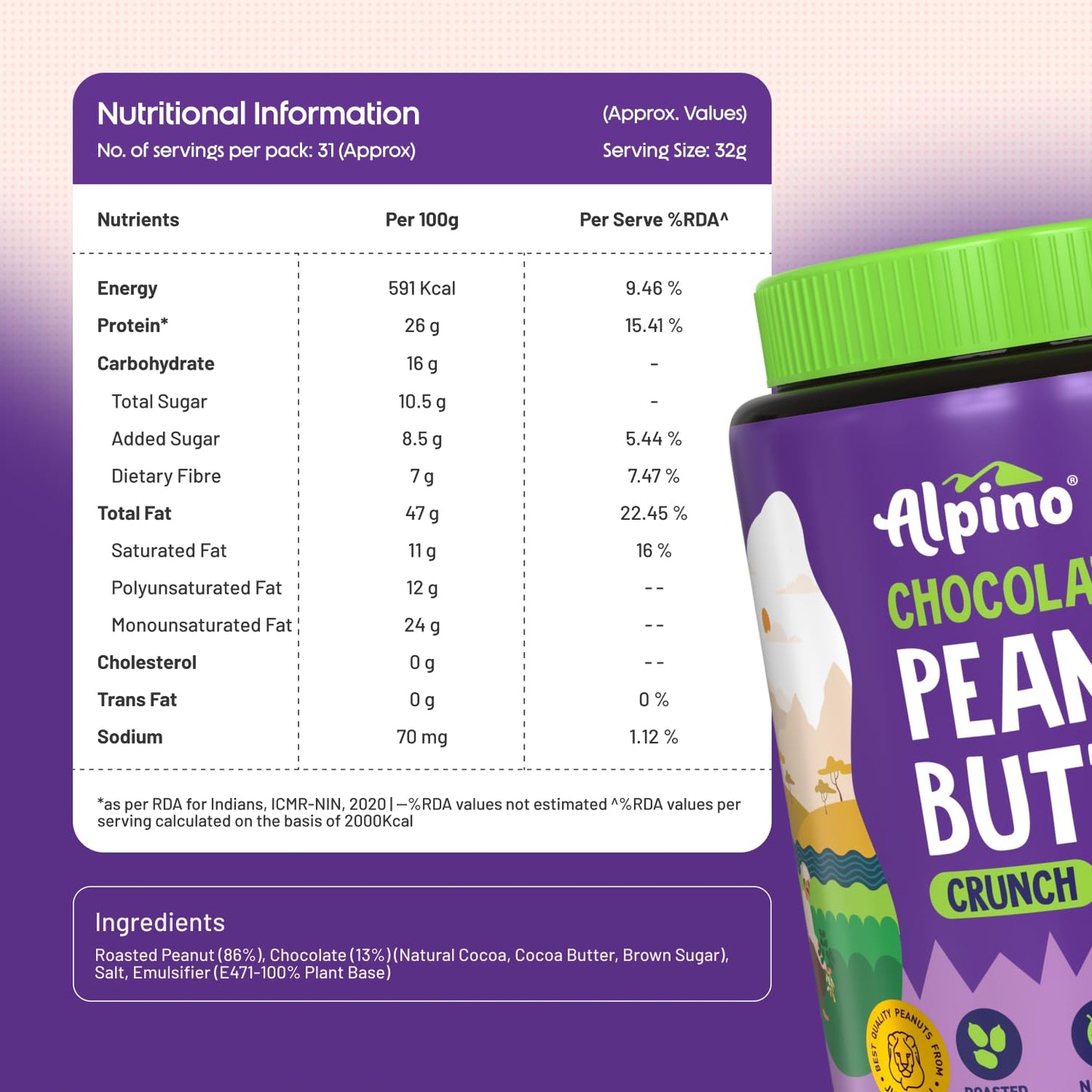 ALPINO Chocolate Peanut Butter| Roasted Peanuts| Chocolate Paste & Brown Sugar |26% Protein |Source of Healthy Fats