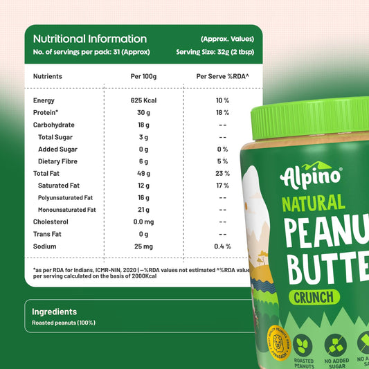 ALPINO 30g High Protein Natural Peanut Butter Crunch| Unsweetened| 100% Roasted Peanuts | Source of Healthy Fats| No Added Sugar & Salt