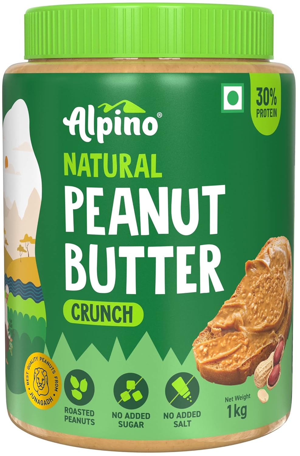ALPINO 30g High Protein Natural Peanut Butter Crunch| Unsweetened| 100% Roasted Peanuts | Source of Healthy Fats| No Added Sugar & Salt