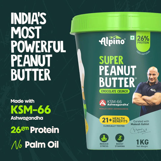 Alpino Super Peanut Butter with KSM-66 Ashwagandha | High Protein| Clinically Tested with 21+ Health Benefits | Strength | Stamina and Recovery