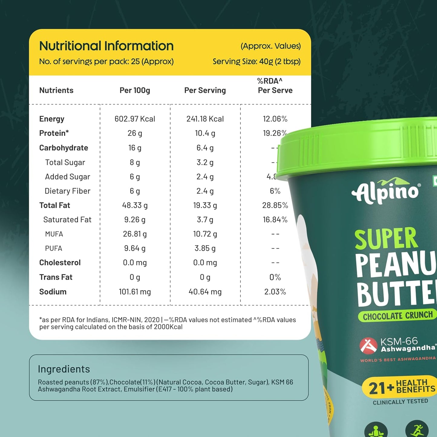 Alpino Super Peanut Butter with KSM-66 Ashwagandha | High Protein| Clinically Tested with 21+ Health Benefits | Strength | Stamina and Recovery