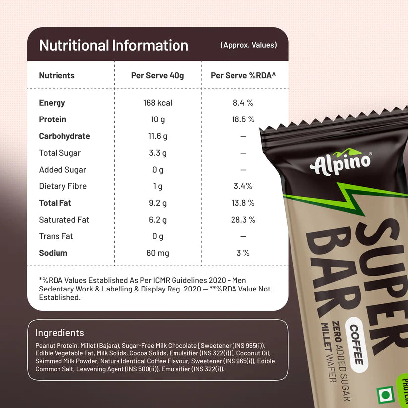ALPINO 10g High Protein Super Waffer Bar | 100% Millet Waffer| No Maida| No Added Sugar | Source of Dietary Fibre| Healthy Fats & Instant Energy
