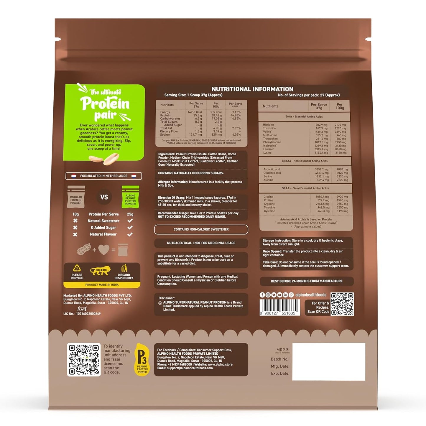 Alpino Supernatural Peanut Protein Powder|Plant Based Protein| Vegan