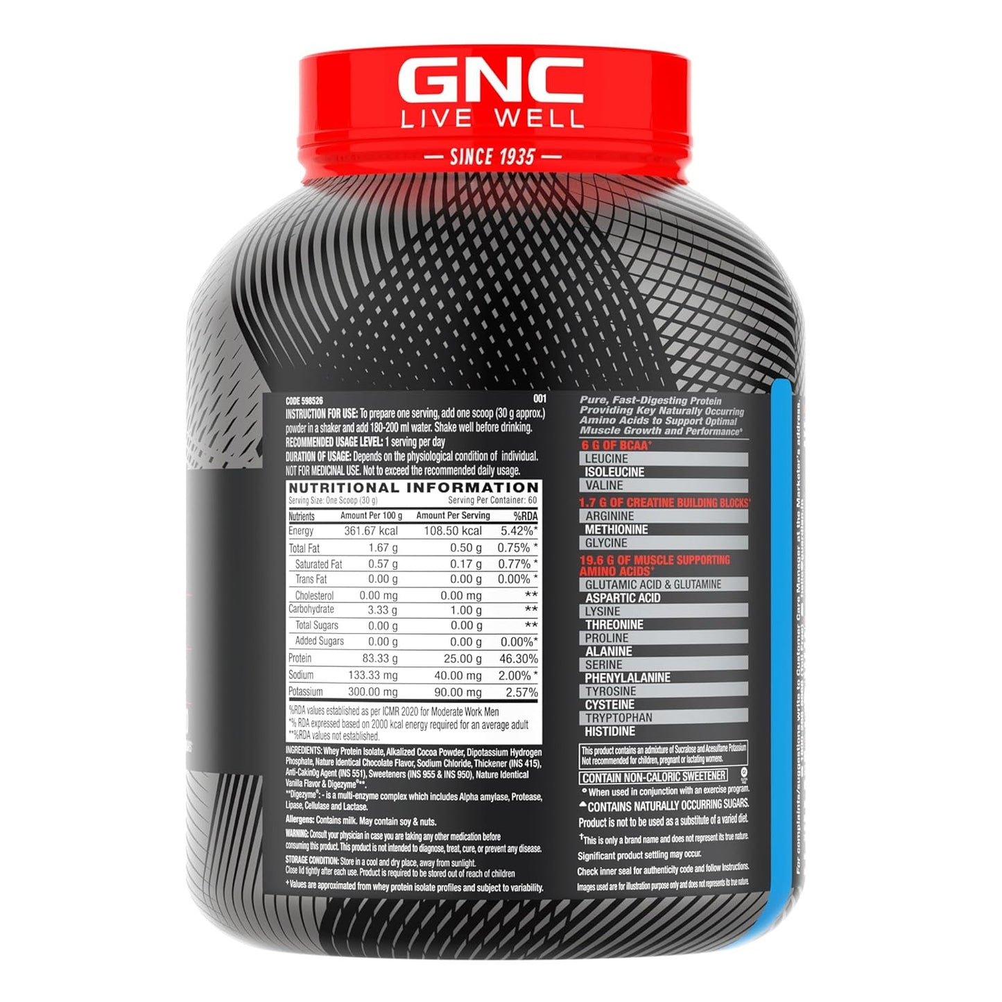 GNC Amp Pure Isolate Zero Carb | Boosts Athletic Performance Builds Lean Muscles | Speeds Up Recovery | Digezyme For Easy Digestion | 25G Protein | 6G Bcaa