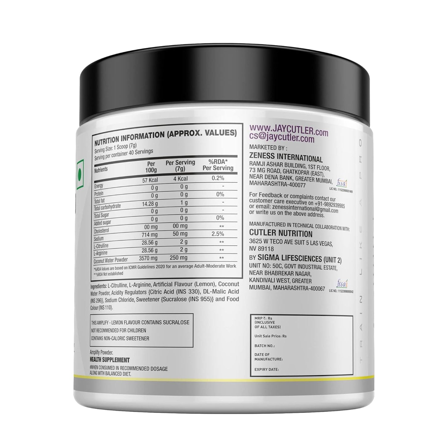 Cutler Nutrition Amplify - Caffeine Free Pre Workout for Men and Women | Stimulant Free| Arginine | Coconut Water and L-Citrulline | 40 servings | 280g