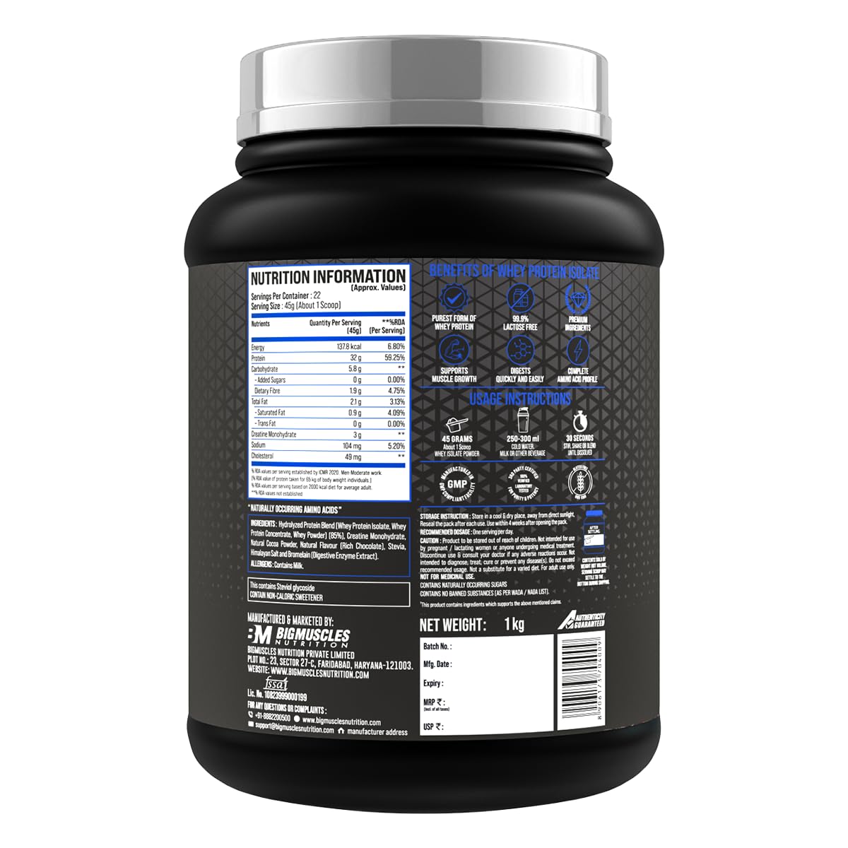 Bigmuscles Nutrition Benchmark Series Nitra Edge PB Whey Protein Powder | 32g Protein [Isolate + Concentrate]| 3g Creatine Monohydrate | No Added Sugar| Colors| Artificial Sweeteners