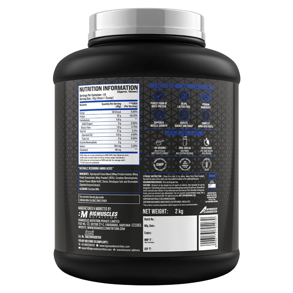 Bigmuscles Nutrition Benchmark Series Nitra Edge PB Whey Protein Powder | 32g Protein [Isolate + Concentrate]| 3g Creatine Monohydrate | No Added Sugar| Colors| Artificial Sweeteners