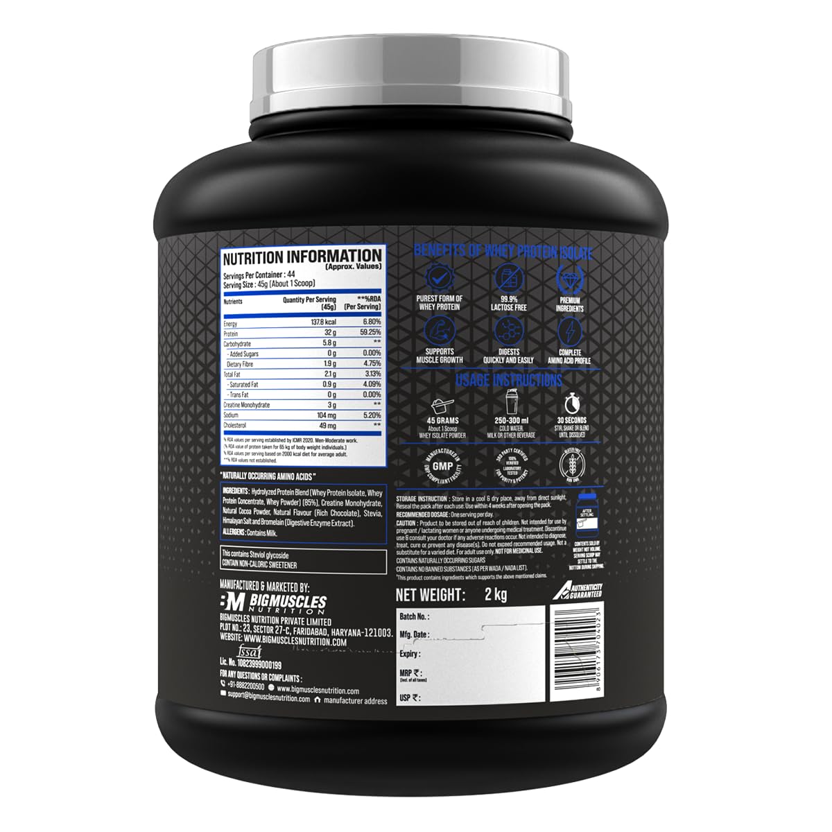 Bigmuscles Nutrition Benchmark Series Nitra Edge PB Whey Protein Powder | 32g Protein [Isolate + Concentrate]| 3g Creatine Monohydrate | No Added Sugar| Colors| Artificial Sweeteners