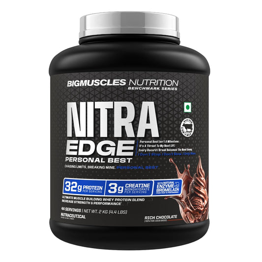 Bigmuscles Nutrition Benchmark Series Nitra Edge PB Whey Protein Powder | 32g Protein [Isolate + Concentrate]| 3g Creatine Monohydrate | No Added Sugar| Colors| Artificial Sweeteners