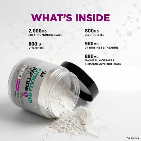 Bigmuscles Nutrition Citrulline + Peptides| L-Citrulline Powder with Superior Grade Magnesium| Electrolytes| Tyrosine & Vitamin D3